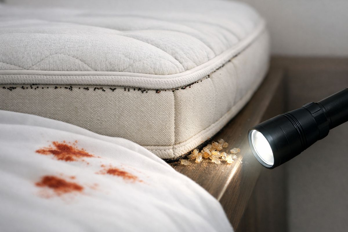A close-up bedroom scene showing a mattress edge with tiny dark specks along the seam, a few rusty red smears on a white sheet, and a flashlight beam revealing shed skins near the corner of the mattress