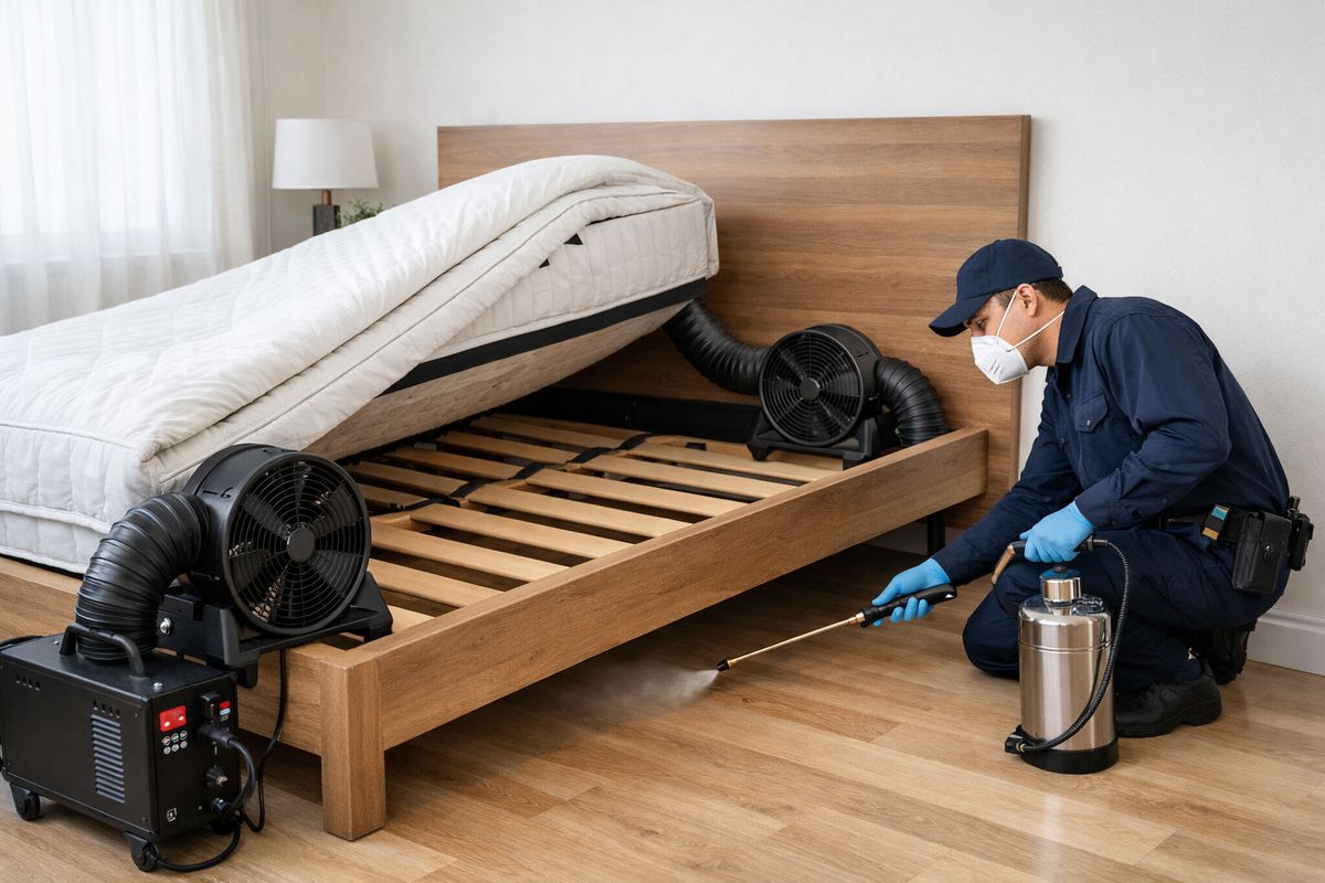 A bedroom scene showing a bed with the mattress pulled back, a portable heater setup with fans aimed toward the corners, and a pest control technician applying residual spray along baseboards and around the bed frame, illustrating a combined heat-and-chemical treatment.
