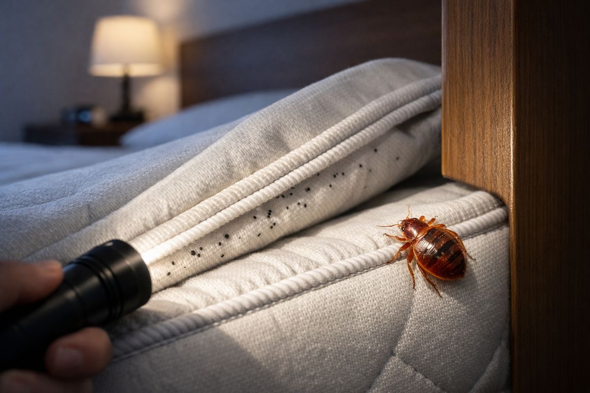 A bedroom at night with a mattress pulled back, a flashlight beam aimed along the seams and piping, small dark specks on the fabric, and a close-up view of a reddish-brown bed bug on the edge of the mattress near the headboard