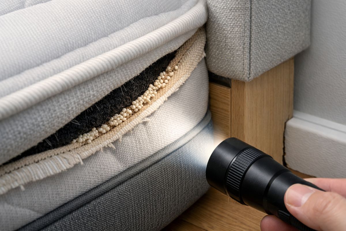 A close-up view of a mattress corner with the seam pulled open, showing tiny pale bed bug eggs clustered along the stitching, a box spring edge, a headboard joint, and a baseboard crack beside the bed, with a flashlight beam highlighting the hidden spots.
