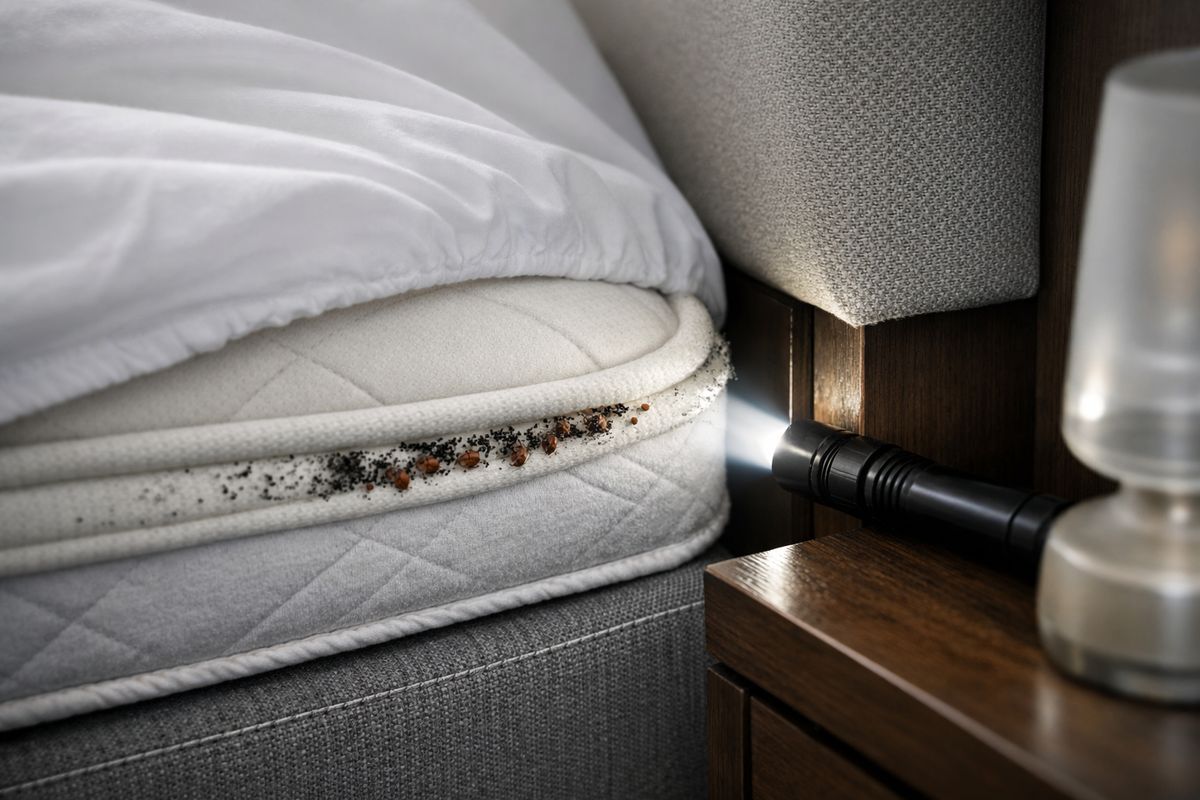 A close-up bedroom scene showing a mattress corner with lifted fitted sheet, dark pepper-like spotting along the seam, tiny reddish-brown bugs hiding near the piping, a box spring edge, and a flashlight illuminating the headboard joint and nearby nightstand crack