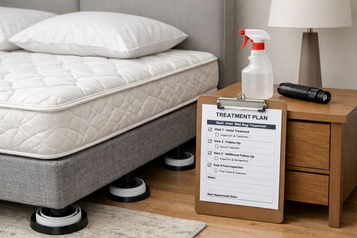 A bedroom scene with an exposed mattress and box spring, several small interceptor traps placed under the bed legs, an open spray bottle and a folded inspection flashlight on the nightstand, and a technician’s clipboard beside the bed showing a multi-visit treatment setup