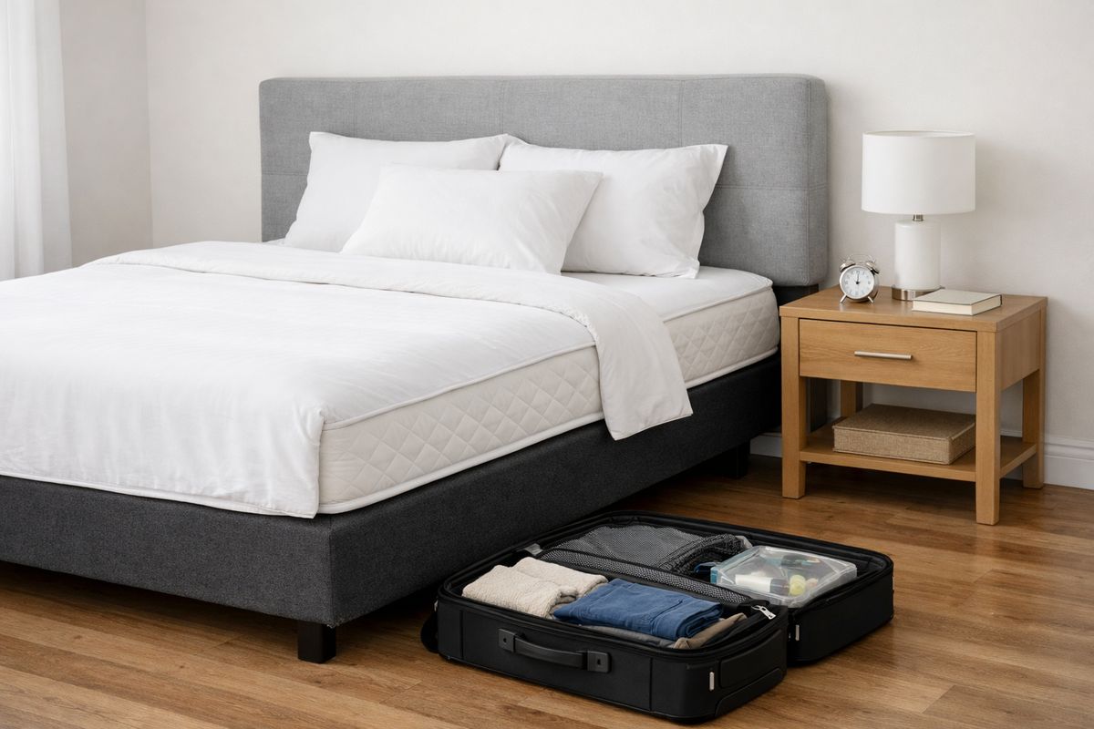 A tidy bedroom with the bed pulled slightly away from the wall, showing the headboard, mattress seams, box spring, bedside table, baseboard, and a partially opened suitcase on the floor for inspection