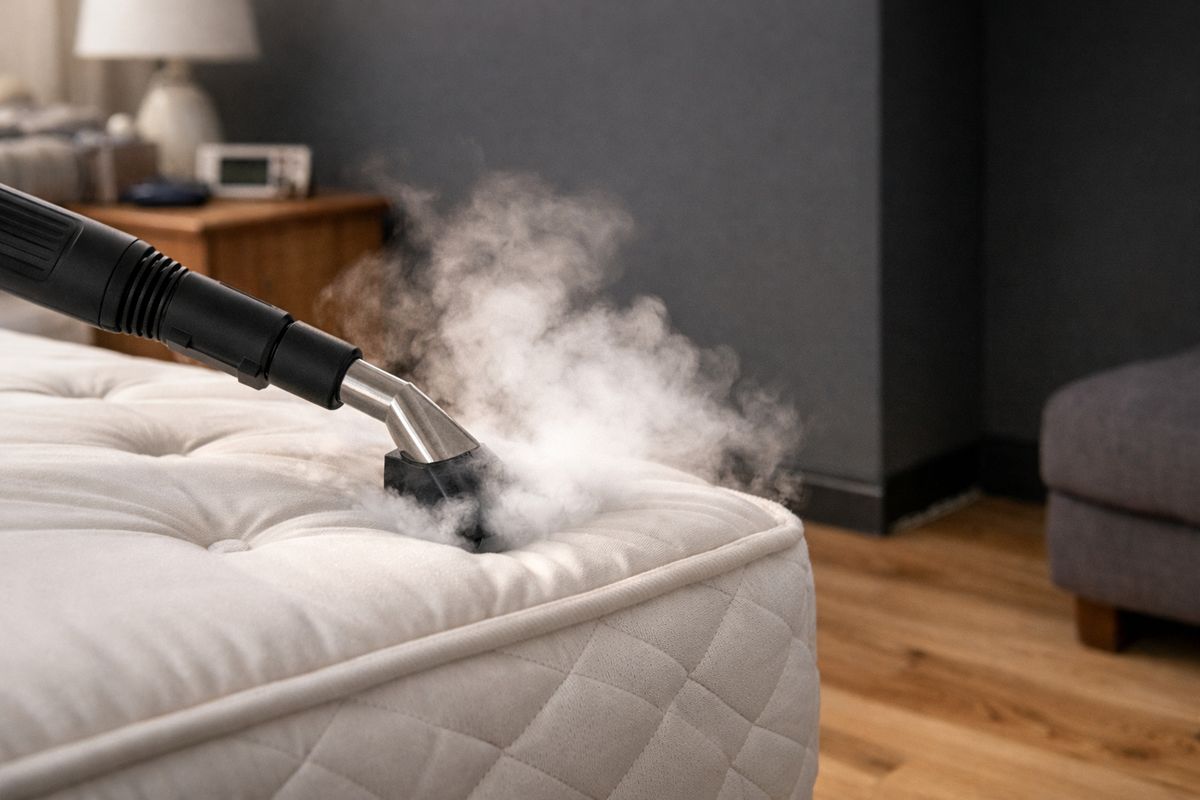 A close view of a cluttered bedroom with a steaming wand treating mattress seams and tufts, while thick furniture, a floor-edge gap, and a dark wall void remain cooler in the background, showing how hidden cold spots can let bed bugs survive.