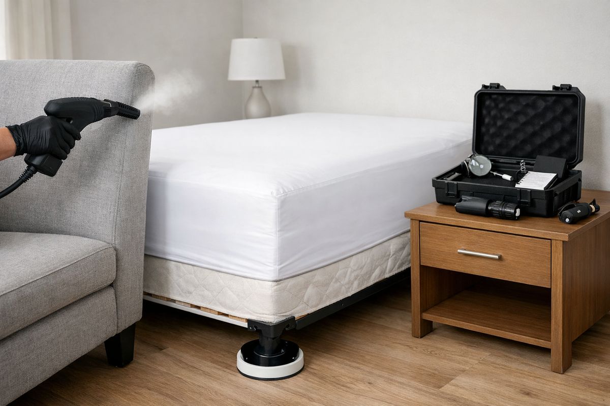 A treated bedroom staged with a bed encasement pulled tightly over the mattress, a small interception trap under one bed leg, a handheld steamer aimed at upholstered furniture, and a technician-style inspection setup with a box spring and bedside table exposed