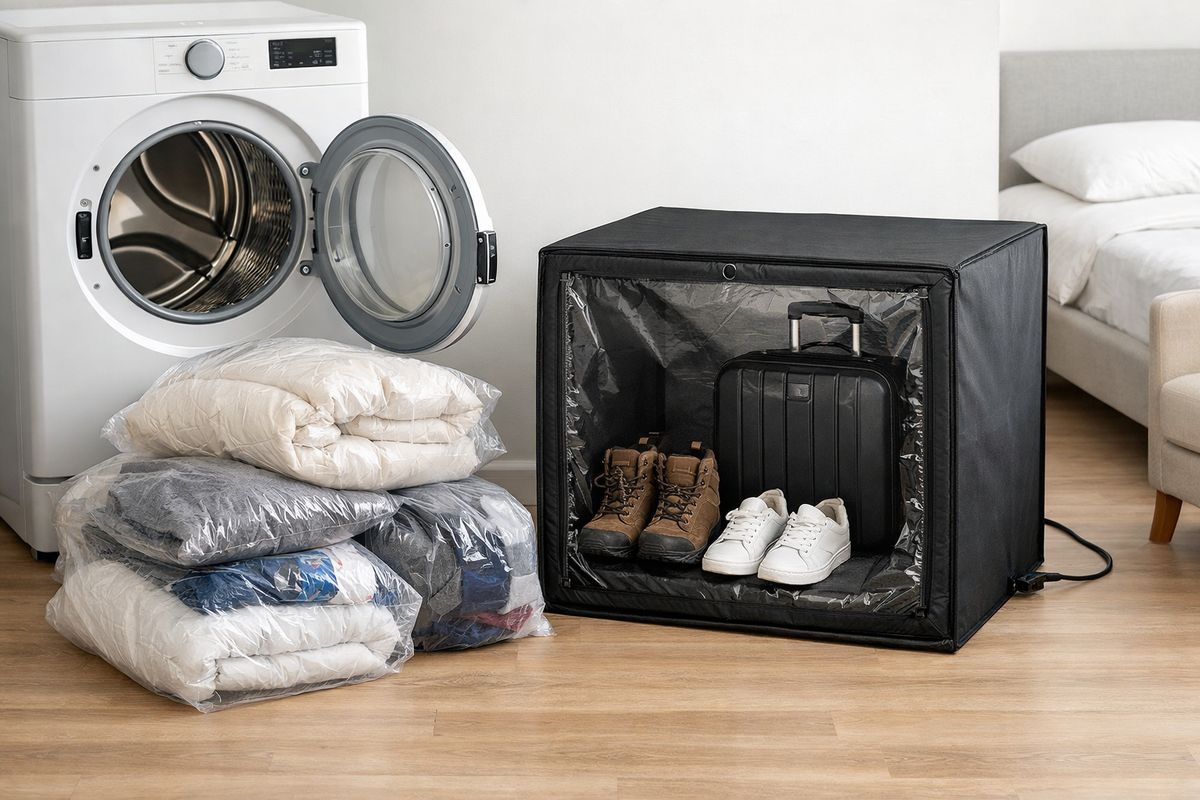 A laundry area with a dryer door open and a pile of bagged bedding and clothing nearby, alongside a portable heating enclosure holding shoes and a suitcase, with a bed frame and upholstered chair in the background to show household items being treated for bed bugs.