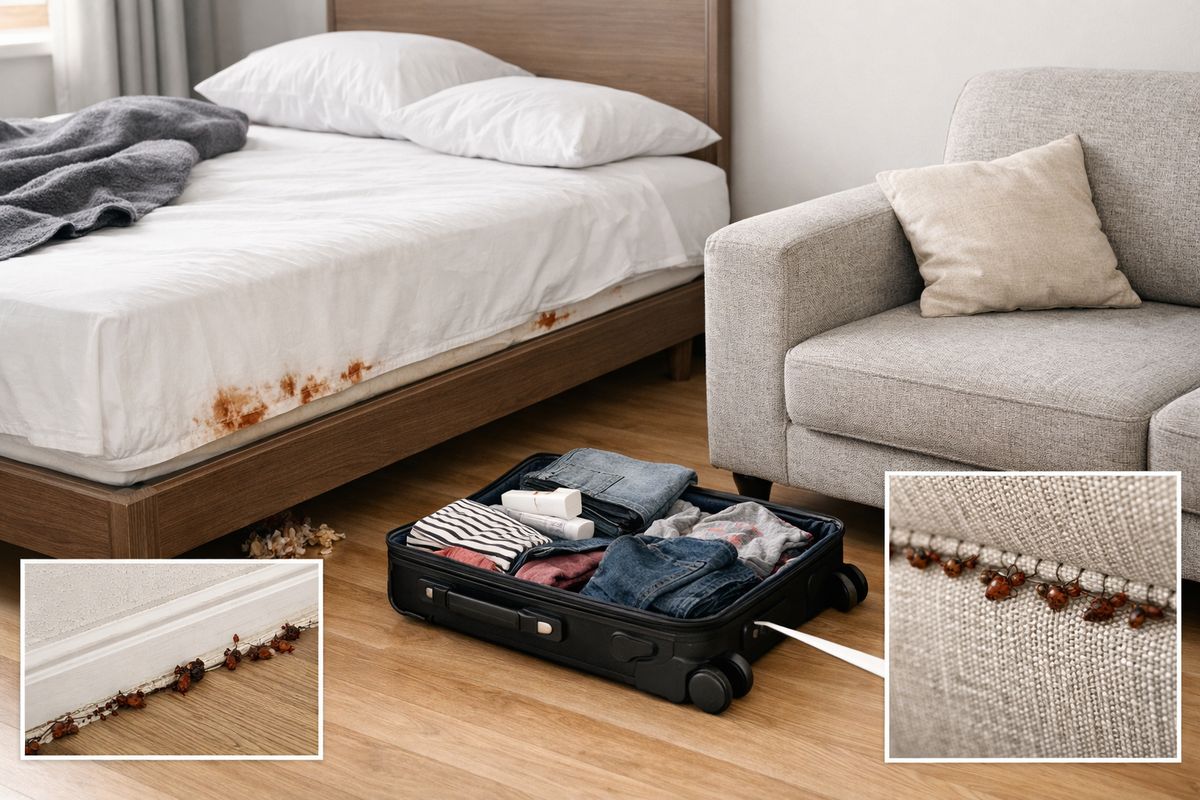 A cluttered bedroom with an exposed bed, a sofa nearby, open luggage on the floor, and signs of infestation visible in multiple places: rust-colored stains on the mattress, shed skins near the bed frame, and bugs along a baseboard and upholstered chair seam