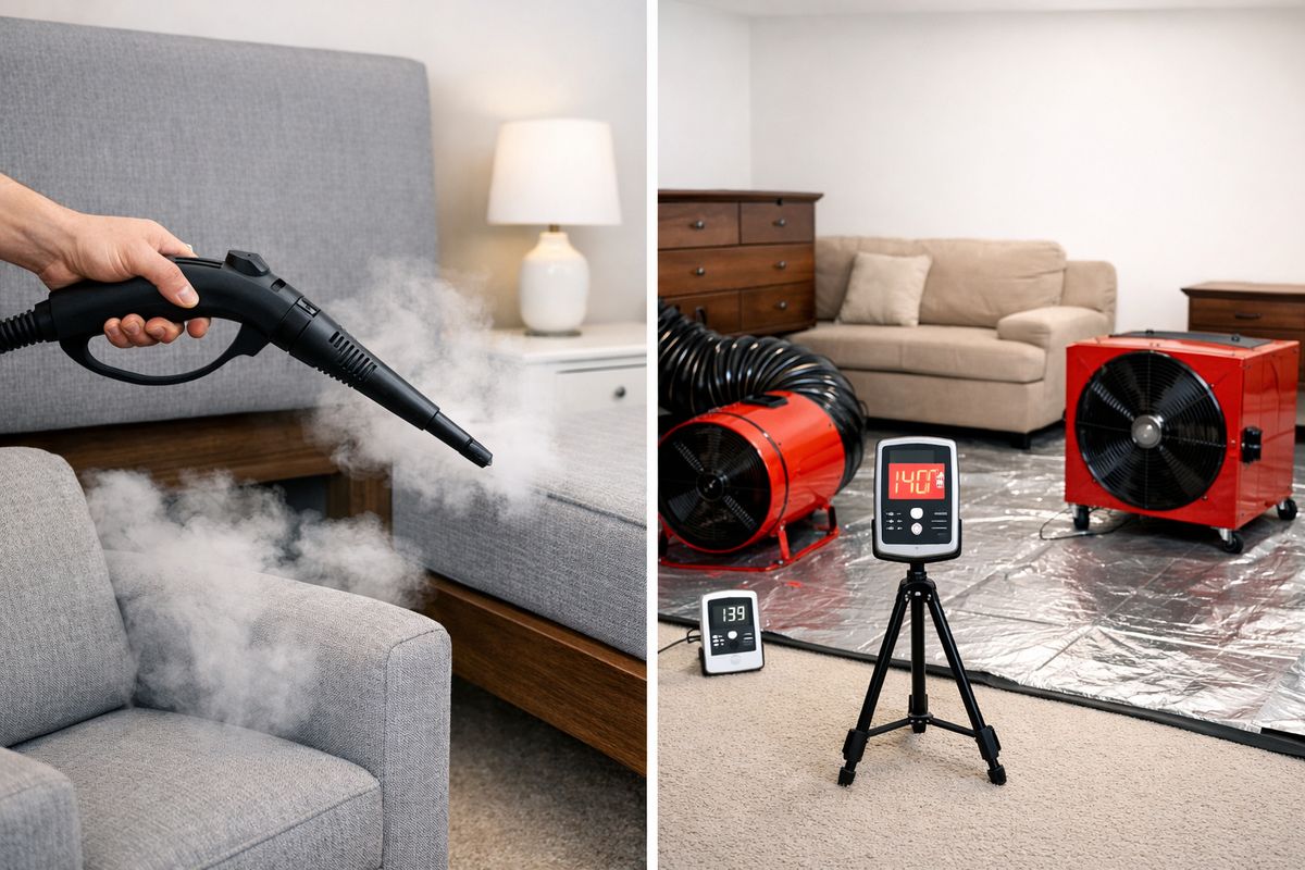 A split interior scene showing one room being treated with a handheld steamer aimed at a bed frame and upholstered chair on one side, and another room set up for heat treatment with large fan heaters, temperature sensors, and furniture pushed away from the walls on the other side