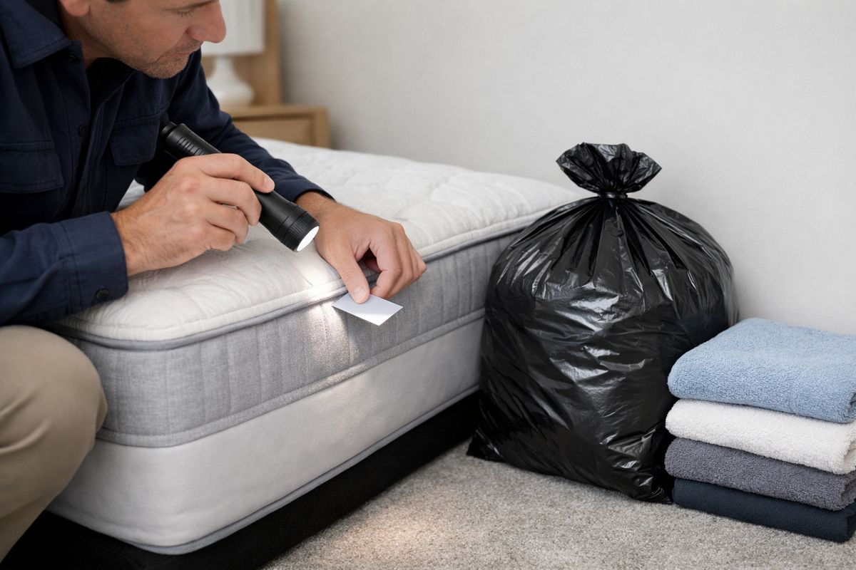 A careful home inspection scene with a person using a flashlight and a thin card to probe the seam of a mattress while a sealed trash bag and folded laundry sit nearby, with the bed kept in place and the room uncluttered