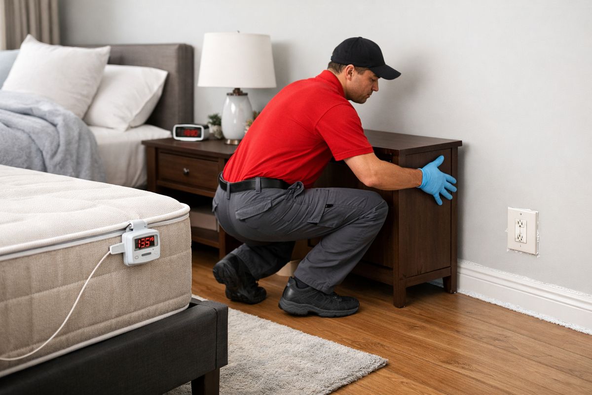 A pest control setup inside a bedroom with temperature sensors clipped near mattress seams, a technician moving a nightstand away from the wall, and treated baseboards and outlet covers visible around the room, showing inspection, thermal monitoring, and follow-up preparation.