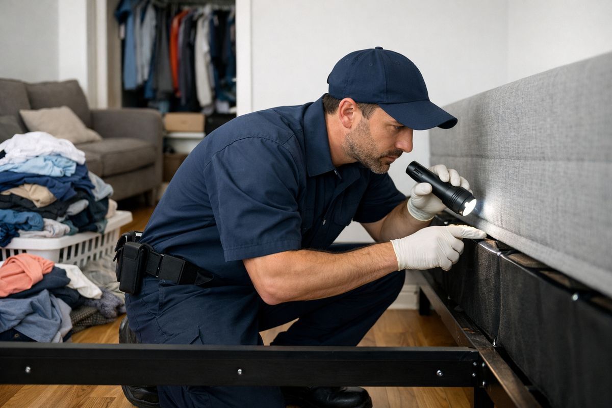 A cluttered apartment bedroom with laundry piles, packed closets, a couch in the background, exposed baseboards, and a bed frame pulled away from the wall while an exterminator inspects seams and corners with a flashlight