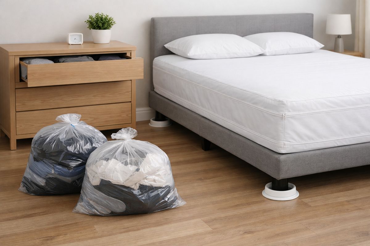 A clutter-reduced bedroom with bagged clothing on the floor, an open dresser drawer, a mattress encasement on the bed, and bed leg interceptors under the frame, showing preparation and post-treatment monitoring around the sleeping area