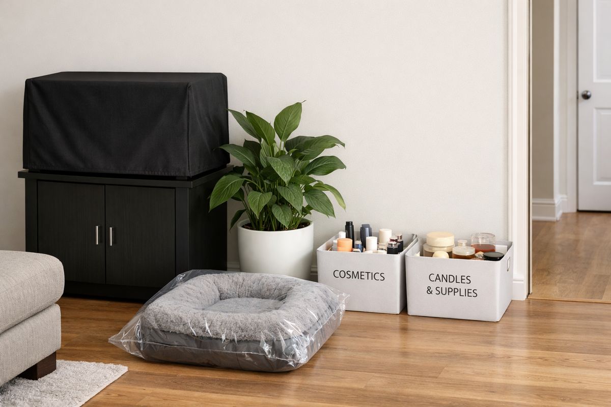 A living room corner with a covered aquarium on a stand, a pet bed folded into a sealed bag, a potted houseplant, and several household items like cosmetics and candles gathered into labeled storage bins beside a doorway