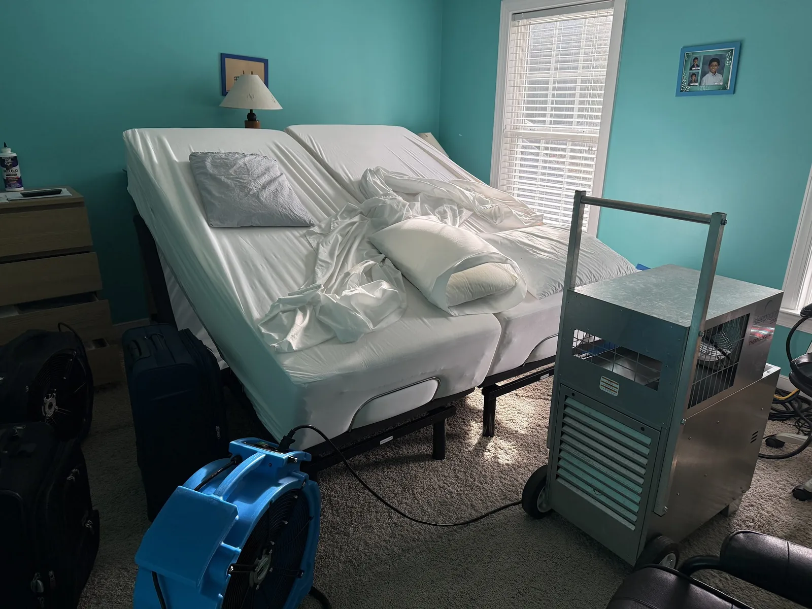 Apartment bedroom set up for bed bug heat treatment