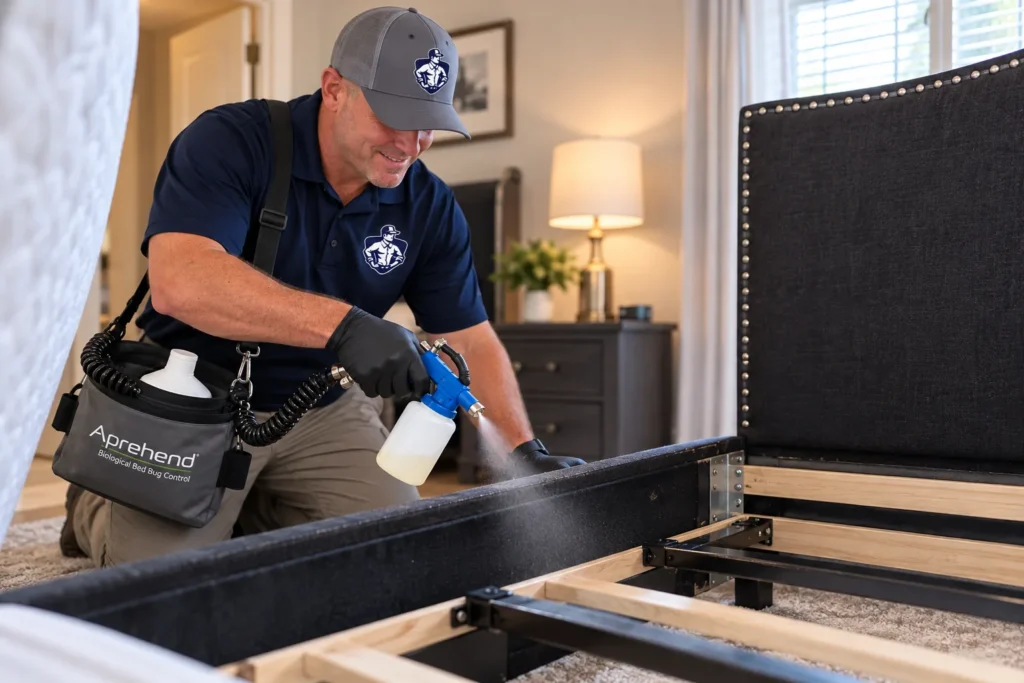 Technician applying Aprehend bed bug treatment to a bed frame in a Richmond home