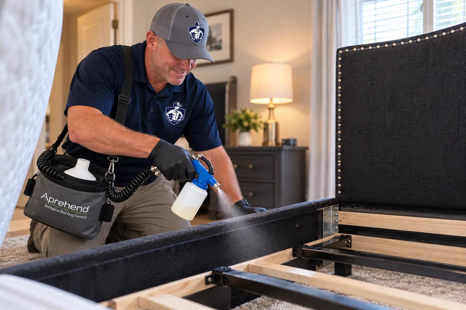 Technician applying Aprehend bed bug treatment to a bed frame in a Richmond home