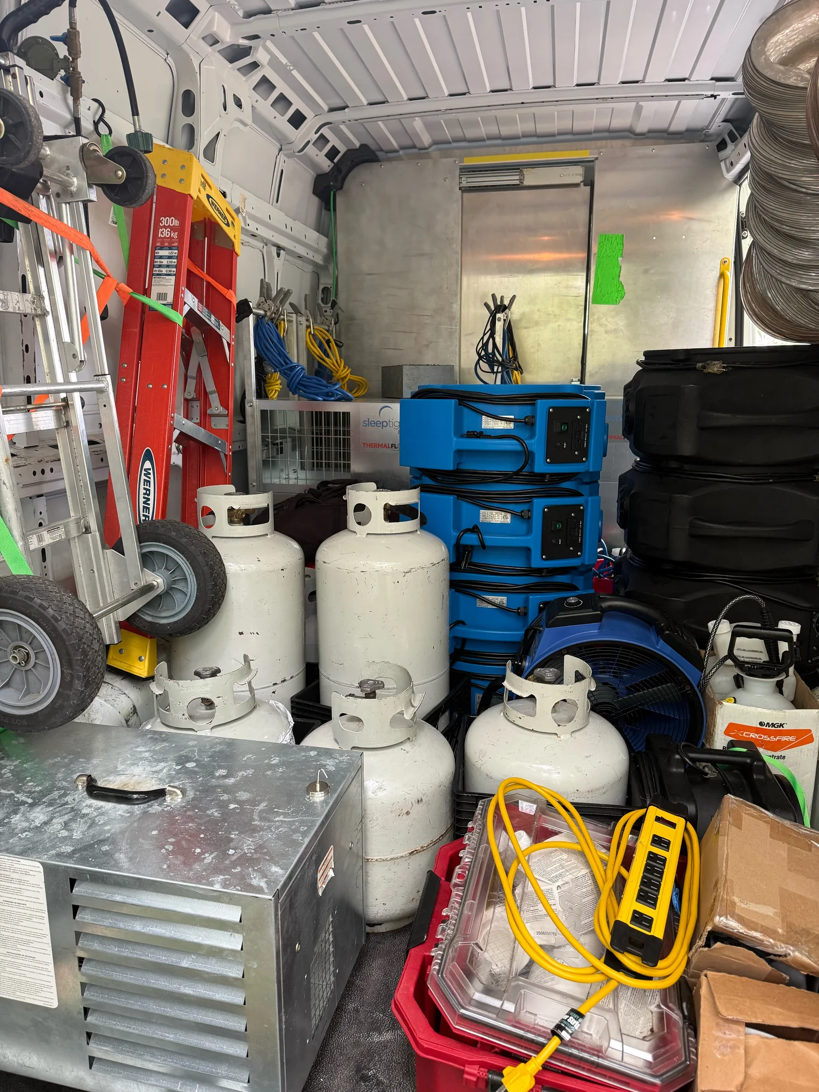 Service van loaded with bed bug heat treatment equipment
