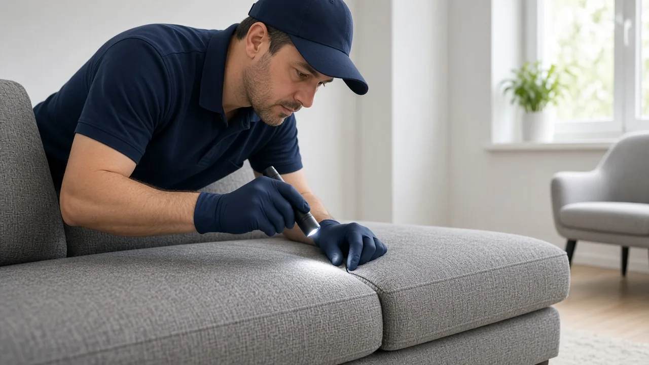 Technician checking a couch for bed bugs