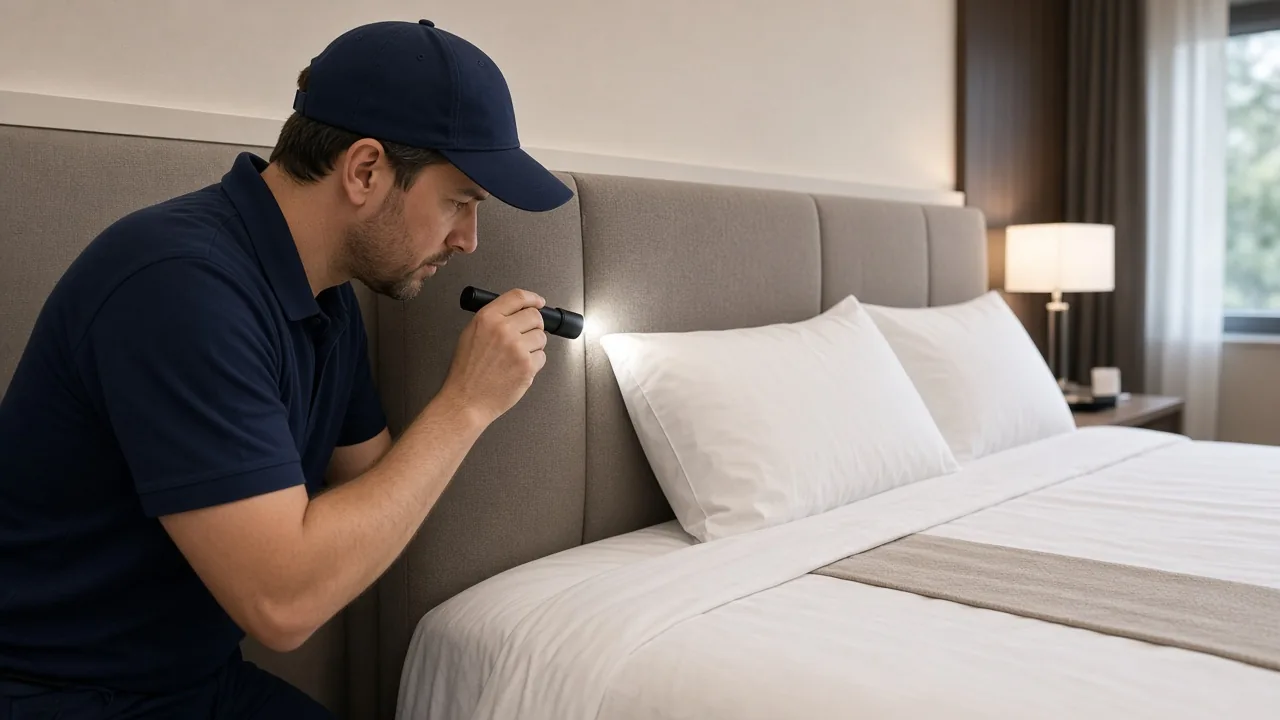 Technician inspecting a hotel headboard for bed bugs