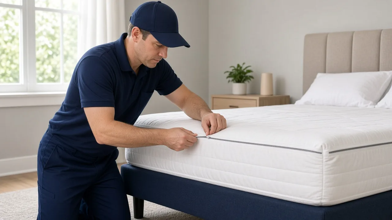 Technician installing a mattress encasement to prevent bed bugs