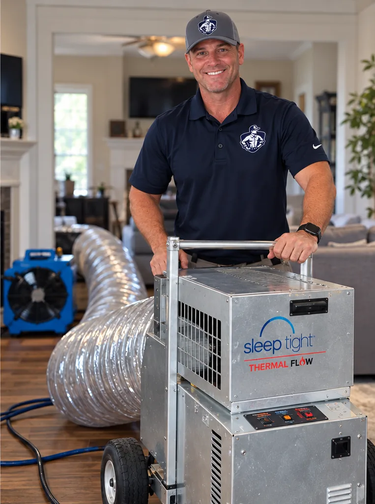 Richmond Bed Bug Experts technician with a ThermalFlow heater during a bed bug heat treatment