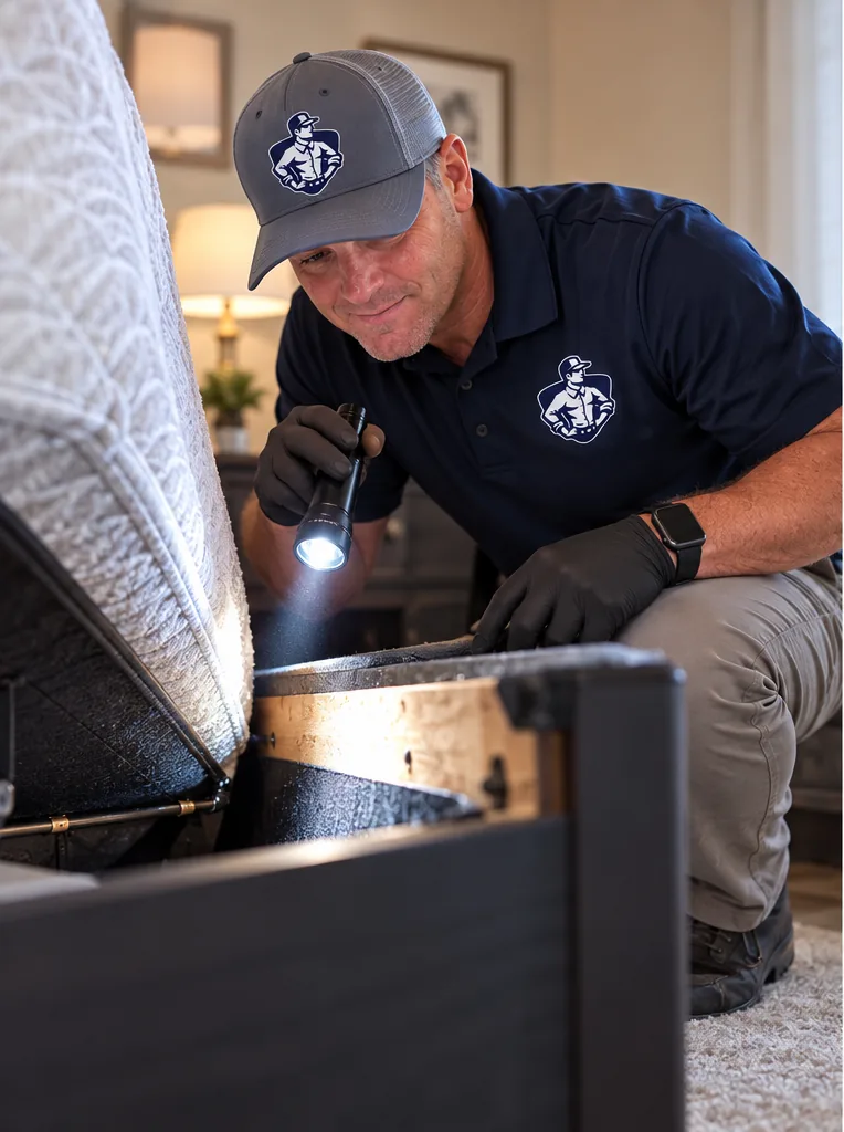 Richmond Bed Bug Experts owner inspecting a bed frame for bed bugs with a flashlight